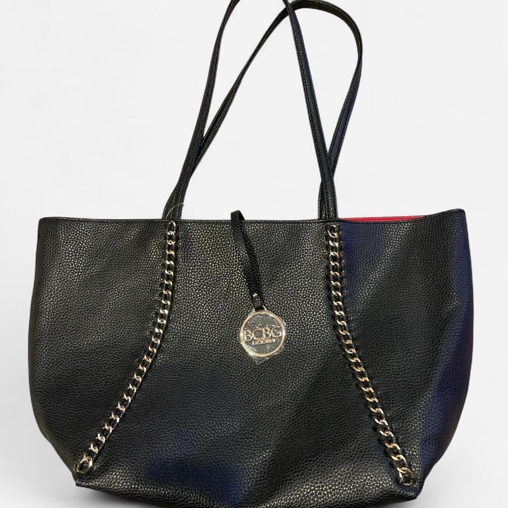 BCBG Black Tote with Gold Chain Accents